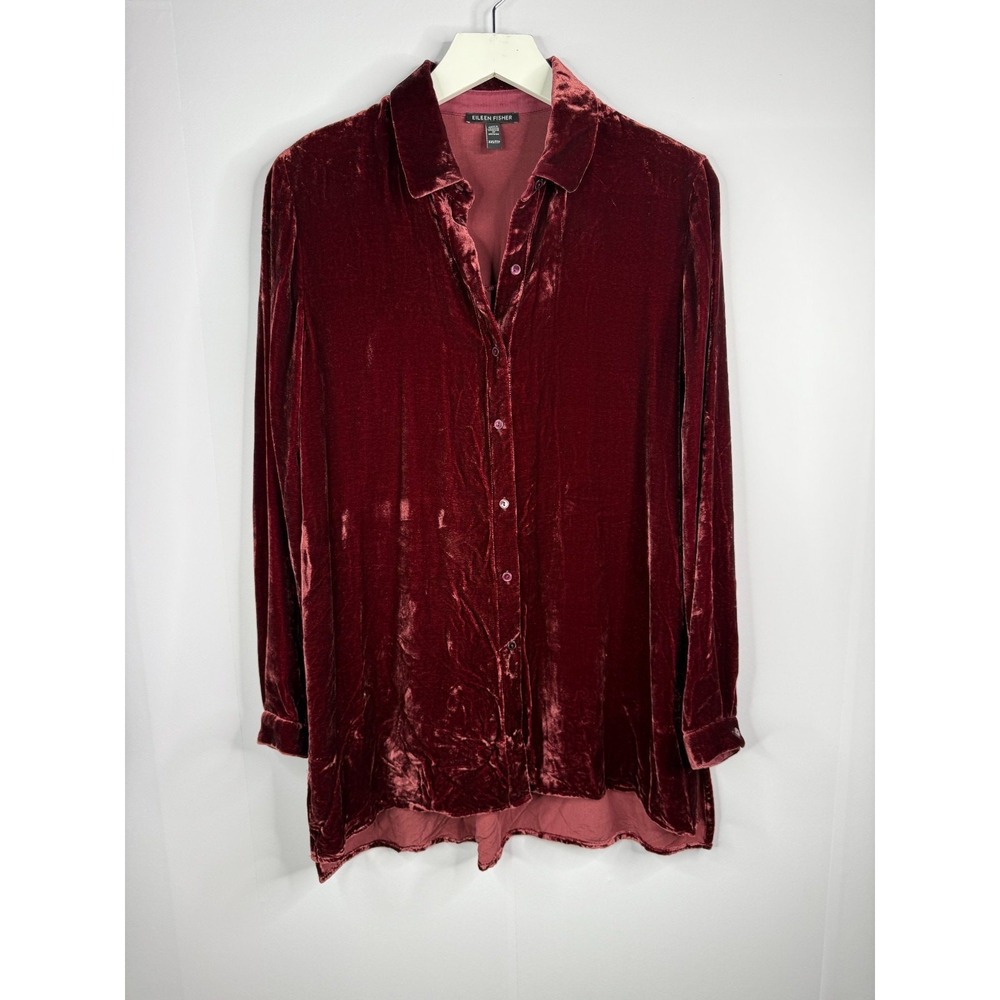 Eileen Fisher Crushed Velvet Button Up Top Tunic Sz XXS Burgundy Whimsigoth